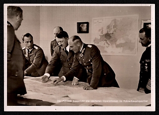 1933-1945 'The Fuhrer Discusses Upcoming Operations at the Fuhrer Headquarters', Hitler and Personalities, Third Reich Nazi Propaganda Postcard