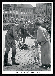 1938 'A Harvest Bouquet for the Fuhrer', Hitler and Children, Third Reich Nazi Propaganda Postcard