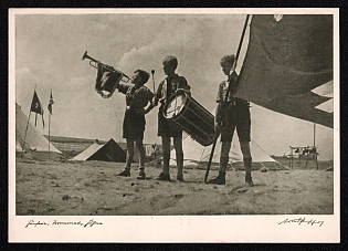 1933-1945 'Teenagers Playing Instruments at a Tent Camp', Hitler Youth (Jugend), Third Reich Nazi Propaganda Postcard