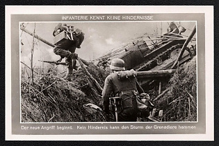1933-1945 'No Obstacles for the Infantry: a New Attack Begins. No Barriers Can Halt the Assault Thrust of the Grenadiers', Infantry Wehrmacht Army Military, Third Reich Nazi Propaganda Postcard