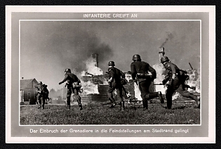 1933-1945 'Infantry Attacks: Grenadiers Successfully Breach Enemy Positions on the Outskirts of a City', Infantry Wehrmacht Army Military, Third Reich Nazi Propaganda Postcard