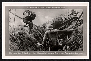 1933-1945 'No Obstacles for the Infantry: a New Attack Begins. No Obstacle Can Stop the Grenadiers' Assault', Infantry Wehrmacht Army Military, Third Reich Nazi Propaganda Postcard