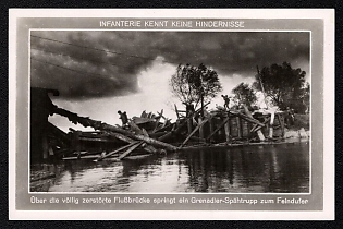 1933-1945 'The Infantry Knows No Barriers: a Grenadier Reconnaissance Patrol Leaps Across a Completely Destroyed Bridge to Reach the Enemy Bank', Infantry Wehrmacht Army Military, Third Reich Nazi Propaganda Postcard