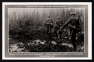 1933-1945 'Infantry Knows No Obstacles: the Enemy Has Once Again Dug in on Their Positions. Our Grenadiers Advance through Swampy, Wooded Terrain', Infantry Wehrmacht Army Military, Third Reich Nazi Propaganda Postcard