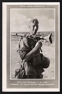 1933-1945 'Eternally Youthful Infantry: Despite All Hardships, a Grenadier—Armed with a Light Machine Gun—Laughs', Infantry Wehrmacht Army Military, Third Reich Nazi Propaganda Postcard