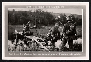 1933-1945 'Infantry Knows No Obstacles: Even this Swampy Terrain is Unable to Halt the Advance of Our Grenadiers', Infantry Wehrmacht Army Military, Third Reich Nazi Propaganda Postcard