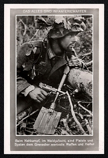 1933-1945 'All This is the Infantry's Weapon: in Close Combat—During a Skirmish in the Woods—a Pistol and a Small Entrenching Tool Serve the Grenadier as Invaluable Weapons and Aids', Infantry Wehrmacht Army Military, Third Reich Nazi Propaganda Postcard