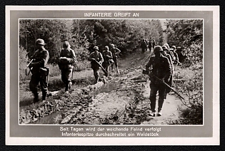 1933-1945 'The Infantry Attacks: for Several Days Now, the Pursuit of the Retreating Enemy Has Continued; Forward Infantry Units Advance through the Forest', Infantry Wehrmacht Army Military, Third Reich Nazi Propaganda Postcard