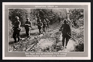 1933-1945 'The Infantry Attacks: for Several Days Now, the Pursuit of the Retreating Enemy Has Continued; Forward Infantry Units Advance through the Forest', Infantry Wehrmacht Army Military, Third Reich Nazi Propaganda Postcard