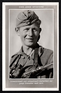 1933-1945 'Eternally Youthful Infantry: Carefree and Full of Life, a Young Grenadier Marches Forward', Infantry Wehrmacht Army Military, Third Reich Nazi Propaganda Postcard