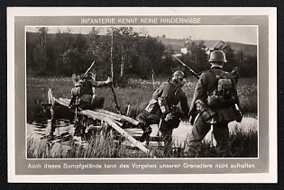 1933-1945 'Infantry Knows No Obstacles: Even this Marshy Terrain is Unable to Halt the Advance of Our Grenadiers', Infantry Wehrmacht Army Military, Third Reich Nazi Propaganda Postcard