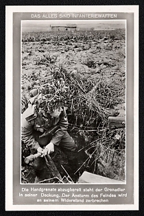 1933-1945 'All This is Infantry Weaponry: with a Grenade Primed for Action, a Grenadier Stands Within His Cover. The Enemy's Onslaught will Shatter Against His Steadfastness', Infantry Wehrmacht Army Military, Third Reich Nazi Propaganda Postcard