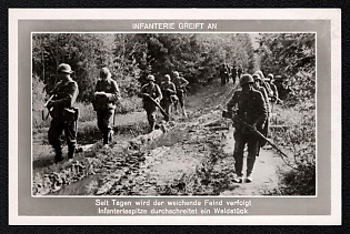 1933-1945 'Infantry Attack: for Several Days Now, the Pursuit of the Retreating Enemy Has Been Underway. An Infantry Assault Group Advances through a Dense Forest', Infantry Wehrmacht Army Military, Third Reich Nazi Propaganda Postcard