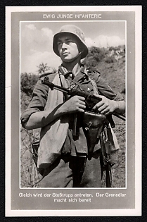 1933-1945 'The Eternally Youthful Infantry: an Assault Group Prepares to Move Out. A Grenadier Readies Himself for Battle', Infantry Wehrmacht Army Military, Third Reich Nazi Propaganda Postcard