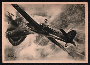 1941 'German Fighters Set Fire to a French Observation Balloon', Military Aircraft Air Force Luftwaffe, Third Reich Nazi Propaganda Postcard