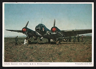 1943 'Field Repairs on a Junkers Ju 88 During Operations in the Mediterranean', Military Aircraft Air Force Luftwaffe, Third Reich Nazi Propaganda Postcard