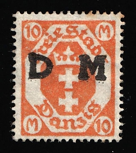1921 10m Danzig Gdansk, Germany, Official Stamp, OFFSET of Overprint