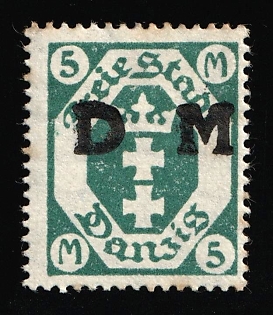 1922 5m Danzig Gdansk, Germany, Official Stamp, OFFSET of Overprint