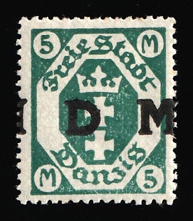 1922 5m Danzig Gdansk, Germany, Official Stamp, SHIFTED Overprint