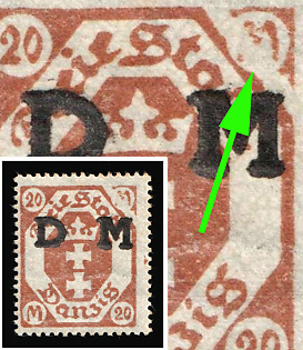 1922 20m Danzig Gdansk, Germany, Official Stamp, White Diagonal Line in the Corner