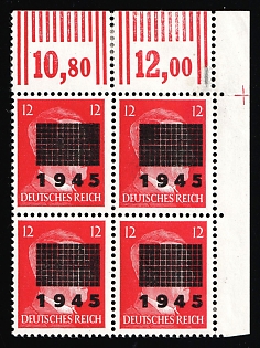 1945 12pf Netzschkau-Reichenbach (Saxony), Germany Local Post, Block of Four, Corner Margin, Plate Numbers, Signed