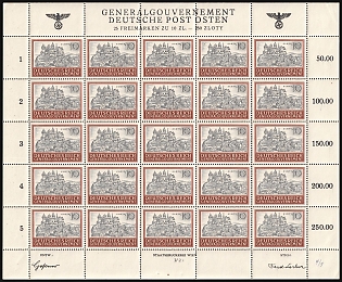 1943 10zl General Government, Germany, Poland, Full Sheet, Plate Number 'I/2'