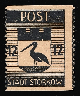1946 12pf Storkow (Mark), Germany Local Post, MISSING Horizontal Perforation, SHIFTED Perforation