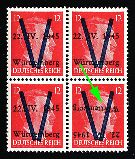 1945 12pf Saulgau (Wurttemberg), Germany Local Post, Unofficial Issue, Block of Four, INVERTED Overprint