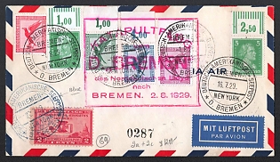 1929 (16 Jul) Cover catapult mail from the ship "Bremen" to Bremen (Germany), franked with 2c (USA) was canceled special postmark July 22,1929 of the ship's service "Deutsch-Amerikanische-Seepust D. Bremen". 5pf July 16, 1929 and two 5pf, 10pf, 15pf, 20pf August 1, 1929 were canceled with a special postmark of the ship's service "Deutsch-Amerikanische-Seepust D. Bremen" of the post office of the ship "Bremen"