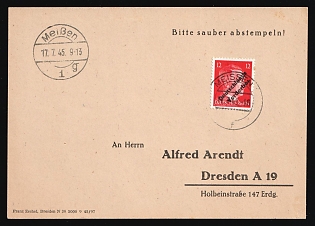 1945 (17 Jul) Meissen, Germany Local Post, Postcard from Meissen to Dresden franked with 12pf
