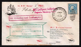 1933 (17 Jun) Cover catapult mail from the ship "Europa" to Regensburg (Germany), franked with 20 cents (USA) were canceled special postmark of the ship's service "U.S. sea post s.s. Europa" of the post office of the ship "Europa". On June 21, 1931, it was sent by catapult mail to Southampton, green cached "Deutscher schleuderflug dampfer "Europa" - Southampton"