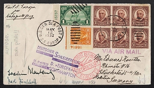 1932 (12 May) Cover catapult mail from the ship "Europa" to Glückstadt (Germany), franked with 1 cent, six-block 1.5 cents, and 10 cents (USA) were canceled special postmark of the ship's service "U.S. ger sea post s.s. Europa" of the post office of the ship "Europa." On May 16, 1932, it was sent by catapult mail to Southampton, purple cached "Deutscher schleuderflug "Europa" - Southampton"