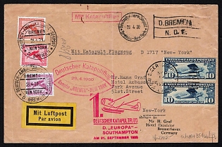 1930 (28 Apr) Cover catapult mail from the ship "Bremen" to New York (USA) and the ship "Europa" from New York (USA) to Berlin (Germany). On the route "Bremen" to New York, franked with 10pf, 15pf, 50pf (Germany) were canceled special postmark of the ship's service "(Deutscher-Amerik. Seepost Bremen-New York), of the post office of the ship "Bremen". The postmark for 1929 is incorrect