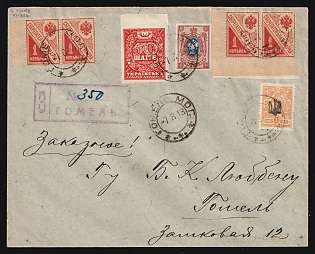 1918 (7 Aug) Gomel, Registered Local Cover with violet registration handstamp, mixed franked with 1k Chernigov (Chernihiv) 1 Local trident overprint, 50sh Ukrainian People's Republic, 15k Russian Empire and 4x1k Saving Stamps with Margins (Vertical Watermark) RSFSR (20k and 50sh total), Signed