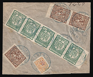 1918 (4 Nov) Ukraine, Cover from Slavuta to Rovno (Rivne), mixed franked with 1k Kiev (Kyiv) 1 trident overprint, 3x20sh and 5x40sh Ukrainian People's Republic (1k and 260sh total), Signed