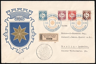 1941 (30 Mar) Bohemia and Moravia, Germany, Registered Commemorative Cover from Benesov (Bohemia) to Berlin (Germany) franked with 1k, 1,20k, 1,50k and 2k, with Blue Commemorative 'Philatelic Exhibition in Benesov', Black 'Postal Department in Benesov' Handstamps and Registered Label '№1559'