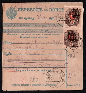 1919 (2 Jun) Postal Money Order (Transfer) for 347r 97k from Kamianets-Podilskyi to Frampol, franked with Pair 1r Podolia 37 (12d) trident overprints (2r total)