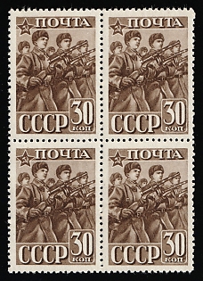 1941 30k 23rd Anniversary of the Red Army and Navy, Soviet Union, USSR, Russia, Perforation 12.25, Block of Four