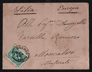 1878 (4 Aug) International cover from Buenos Aires (Argentina) to Moncalvo (Italy), franked with 16c (Argentina), canceled by Buenos Aires postmark. Via Casale Monferrato (Italy) and Genoa (Italy) transit postmark on the reverse side. Arrived in Moncalvo September 4, 1878