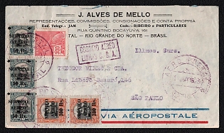 1929 (14 Jun) Airmail cover from Natal (Brazil) to Sao Paulo (Brazil), franked with 300r and three airmail stamps with a surcharge of 50r on 10r and two airmail stamps with a surcharge of 300r on 500r (Brazil), canceled by Natal air postmark. Via Santos June 16, 1929 transit postmark on the reverse side. Arrived in Sao Paulo June 16, 1929