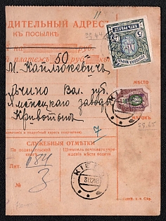 1918 (31 Dec) Parcel Receipt Card insured for 50r from Kyiv to Yemilchyne, franked with 50k Kiev (Kyiv) 2, 5r Kiev (Kyiv) 2bb trident overprints (5r 50k total), two small verification punches
