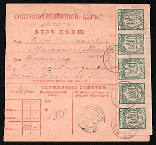 1920 (25 Nov) Parcel Receipt Card from Zvenyhorodka to Petrograd (Saint Petersburg) (Russia), franked with Strip 40sh (200sh total), two small verification punches