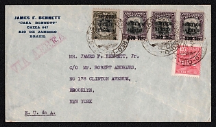 1929 (14 Apr) International cover airmail from Rio de Janeiro (Brazil) to New York (USA), franked with 200r and three airmail stamps with a surcharge of 300r on 600r and an airmail stamp with a surcharge of 1000r on 20r (Brazil), canceled by Rio de Janeiro air postmark. Via Belem (Brazil), April 10, 1929 transit postmark on the reverse side. No arrival postmark