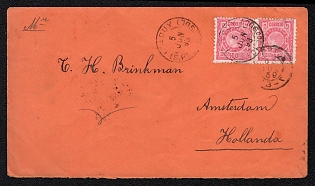 1893 (5 Jun) International cover from Itaouy (Brazil) to Amsterdam (Netherlands), franked with a pair of 100r (Brasil), canceled by Itaouy postmark. Via Rio de Janeiro, June 13, 1893 transit postmark on the reverse side. Arrived in Amsterdam June 30, 1893