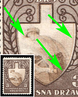 1943 3k on 3k Croatia, NDH, SHIFTED Background, Print Error