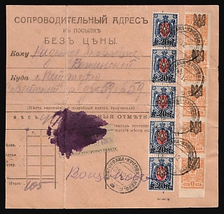 1920 (25 Dec) Parcel Receipt Card from Kutsivka, Novhorodka (Kamianets) to Petrograd (Saint Petersburg) (Russia) with registration label, franked with Strip 1k Odessa (Odesa) 1, 20k on 14k Odessa (Odesa) 2 Ukrainian trident overprints (1r 5k total), two small verification punches, Signed