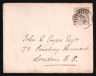 1890 (10 Jan) International cover from Pernambuco (Brazil) to London (Great Britain), franked with 200r (Brazil), canceled by Pernambuco. Arrived in London January 27, 1890