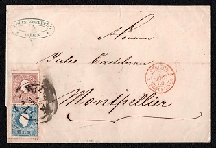 1860 10Kr + 15Kr on Cover from Vienna to Montpellier, Austrian Empire, Austria, Red Transit Postmark