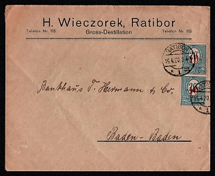 1920 10Pf on 20Pf Upper Silesia, Cover from Ratibor to Baden-Baden, Plebiscite, Germany