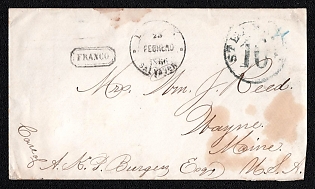 1866 (25 Feb) Stampless international cover from Salvador (Brazil) to Wayne (USA), payment postmark black octagonal cachet "FRANCO" surcharge 10c. Was rated 10c due to carriage less than 2500 miles per the United States postal laws and regulations, 1852. No arrival postmark